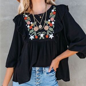 🔥🔥Black Bohemian Floral Embroidered Ruffled Babydoll Top